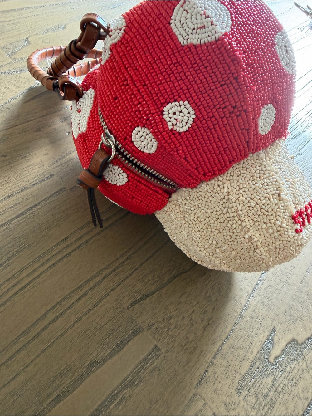 NEW STAUD Red and Cream Mushroom Beaded Mini Bag with Brown Handles - Picture 7 of 7